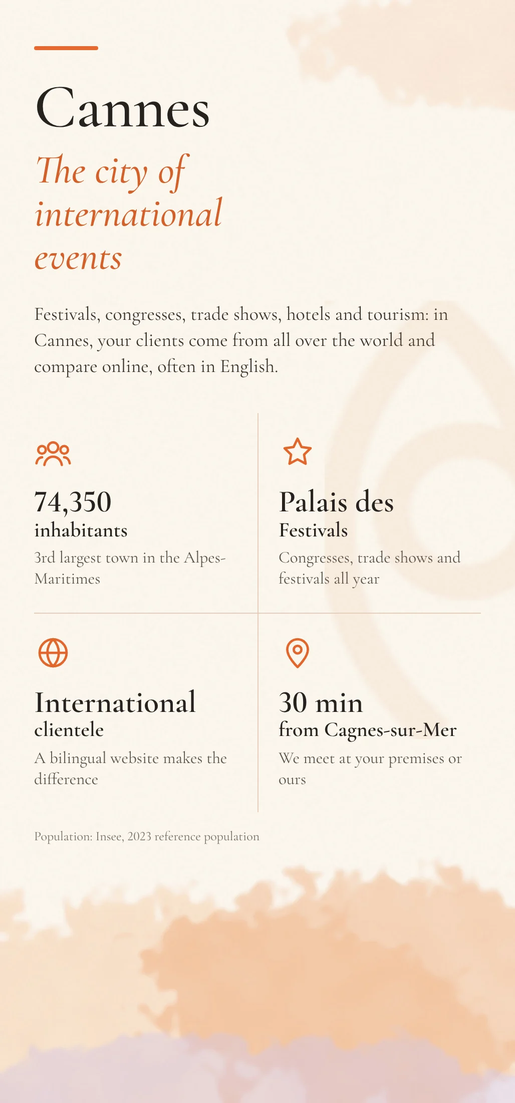 Cannes, the city of international events: 74,350 inhabitants, Palais des Festivals, international clientele, 30 minutes from Cagnes-sur-Mer