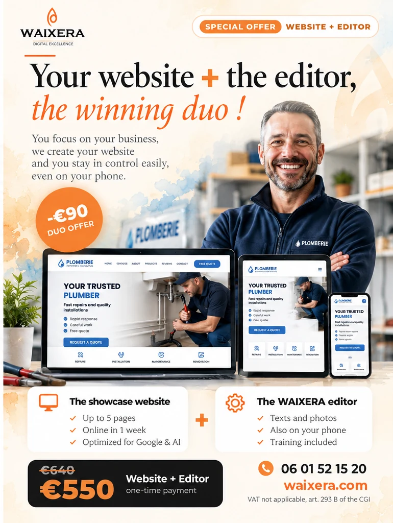 WAIXERA duo offer: your website + the editor for €550 instead of €640, one-time payment