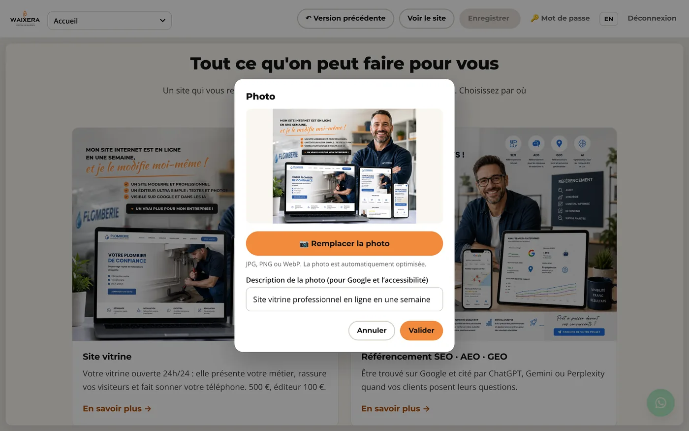 Remplacer une photo de son site avec l'éditeur WAIXERA