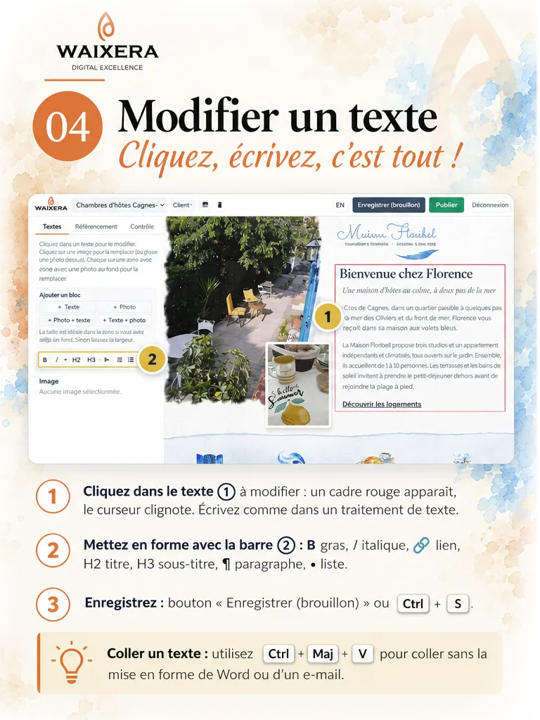 Guide de l'éditeur WAIXERA : modifier un texte de votre site vitrine en 3 étapes, cliquez, mettez en forme, enregistrez