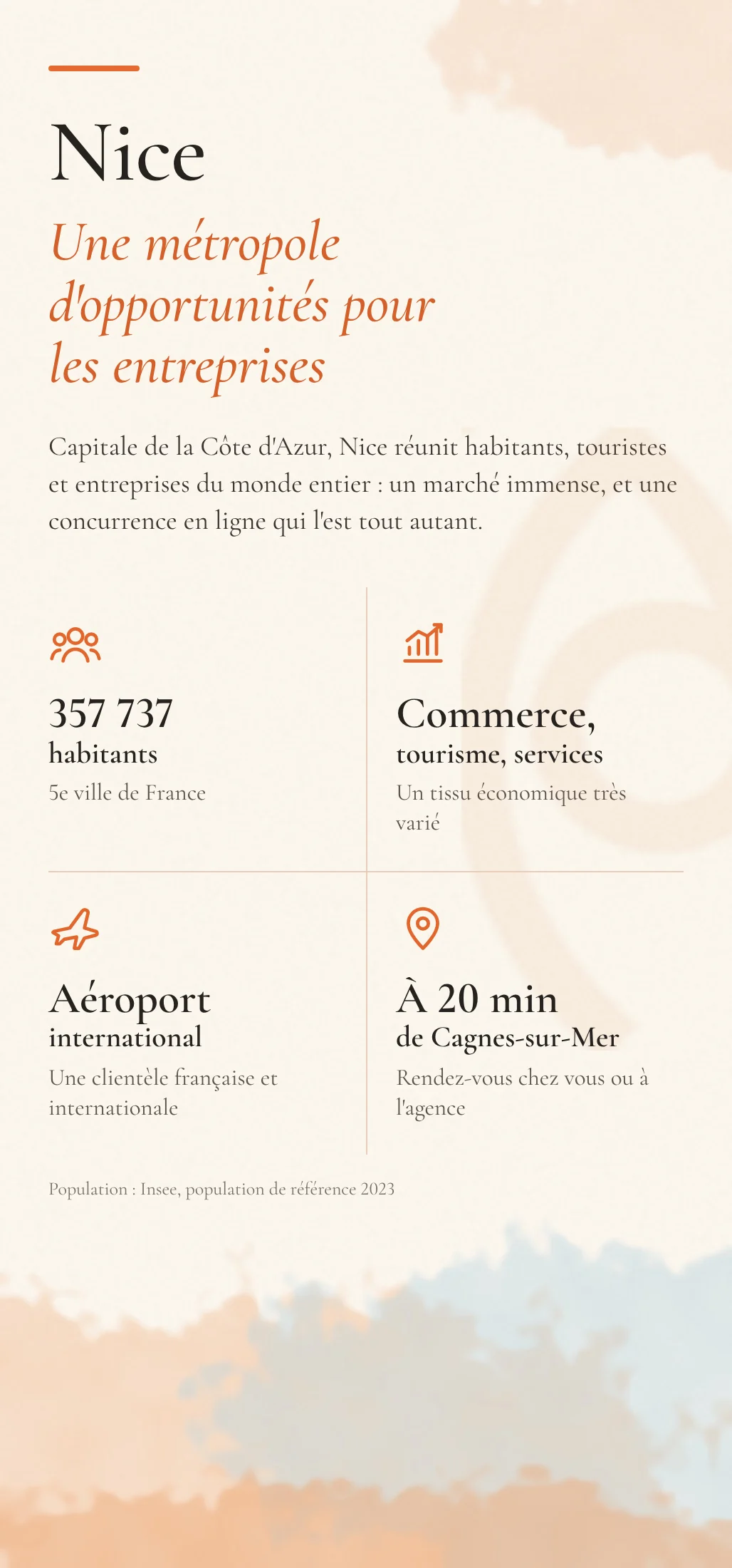 Nice, une métropole d'opportunités pour les entreprises : 357 737 habitants, 5e ville de France, aéroport international, à 20 min de Cagnes-sur-Mer