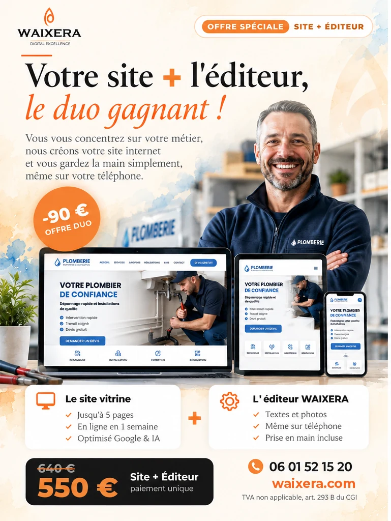 Offre duo WAIXERA : votre site + l'éditeur à 550 € au lieu de 640 €, paiement unique