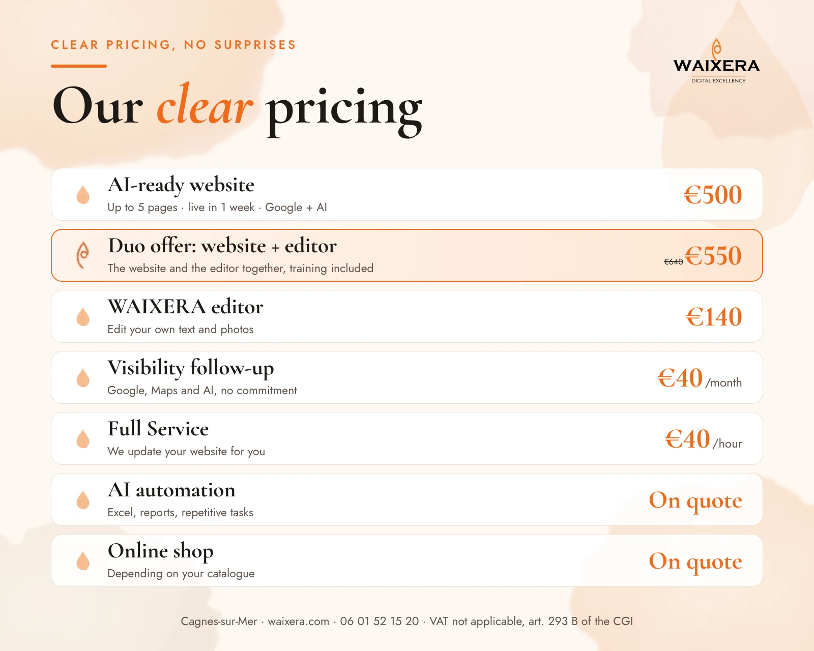Our clear pricing: website €500, duo offer €550, editor €140, follow-up €40/month, Full Service €40/hour, automation and shop on quote