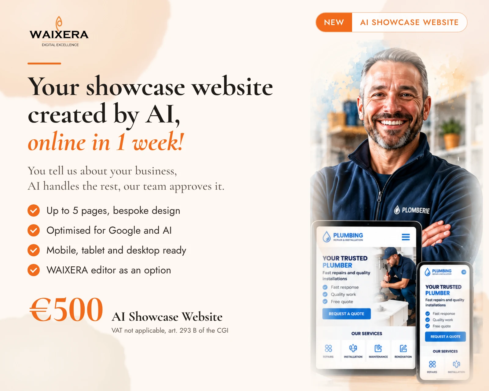 Your showcase website created by AI, online in 1 week: €500, up to 5 pages, optimised for Google and AI