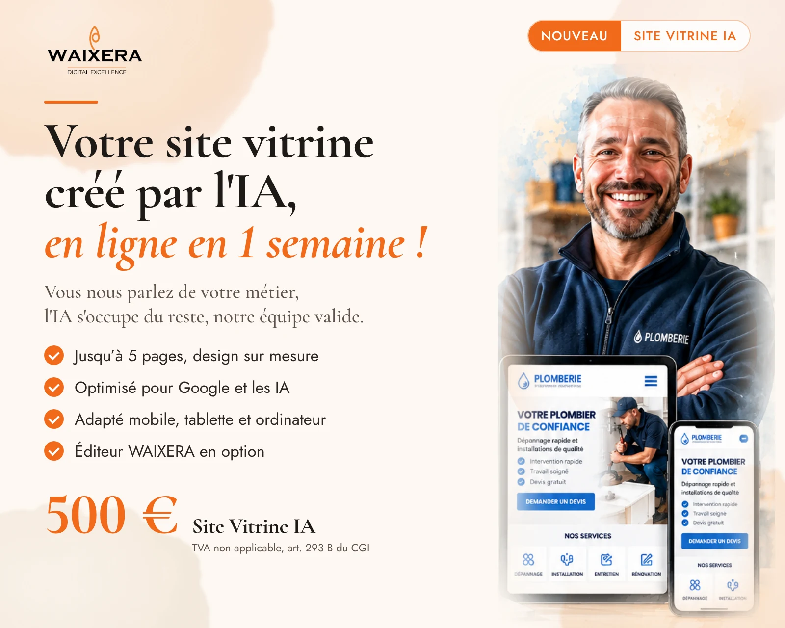 Votre site vitrine créé par l'IA, en ligne en 1 semaine : 500 €, jusqu'à 5 pages, optimisé pour Google et les IA