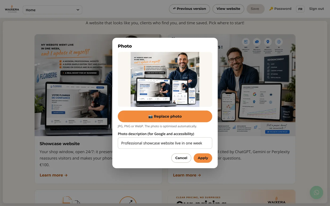 Replacing a website photo with the WAIXERA editor
